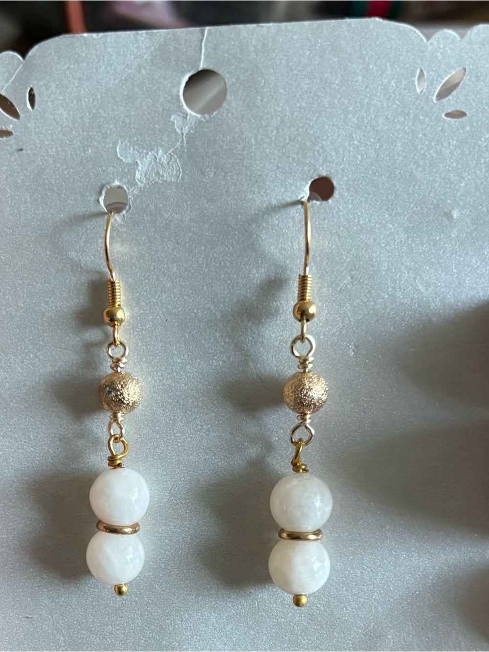 White & Gold Beaded Dangle Earrings